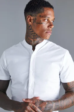 Short Sleeve Grandad Stretch Fit Shirt | BoohooMAN UK