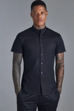 Short Sleeve Grandad Stretch Fit Shirt | BoohooMAN UK