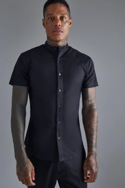 Short Sleeve Grandad Stretch Fit Shirt | BoohooMAN UK
