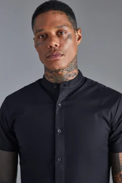 Short Sleeve Grandad Stretch Fit Shirt | BoohooMAN UK