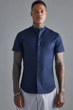 Short Sleeve Grandad Stretch Shirt | BoohooMAN UK