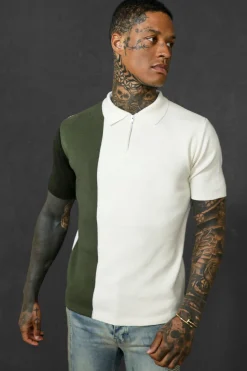 Short Sleeve Half Zip Colour Block Knit Polo | BoohooMAN UK
