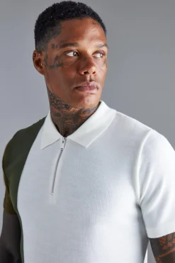 Short Sleeve Half Zip Colour Block Knit Polo | BoohooMAN UK