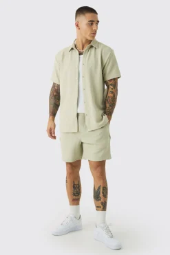 Short Sleeve Jersey Herringbone Shirt And Short Set | BoohooMAN UK