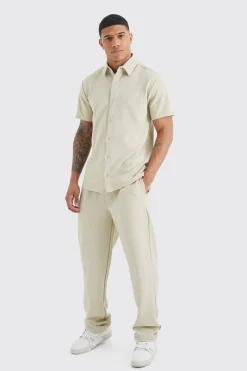 Short Sleeve Jersey Herringbone Shirt And Trouser Set | BoohooMAN UK