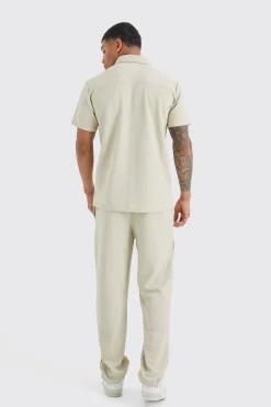 Short Sleeve Jersey Herringbone Shirt And Trouser Set | BoohooMAN UK