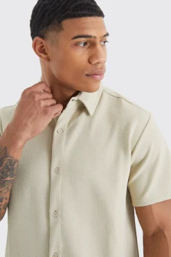 Short Sleeve Jersey Herringbone Shirt And Trouser Set | BoohooMAN UK