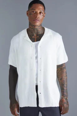 Short Sleeve Knitted Pleated Revere Shirt | BoohooMAN UK