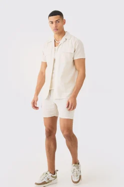 Short Sleeve Linen Cargo Shirt & Short Set | BoohooMAN UK