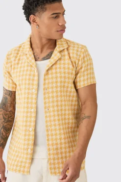Short Sleeve Linen Look Houndstooth Shirt | BoohooMAN UK