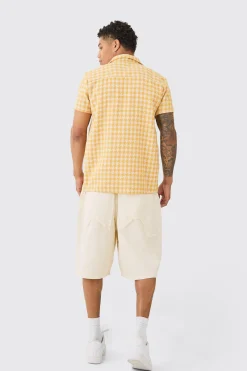 Short Sleeve Linen Look Houndstooth Shirt | BoohooMAN UK