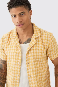 Short Sleeve Linen Look Houndstooth Shirt | BoohooMAN UK