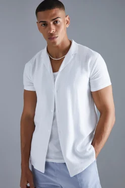 Short Sleeve Linen Revere Shirt | BoohooMAN UK