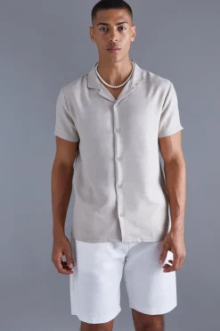 Short Sleeve Linen Revere Shirt | BoohooMAN UK