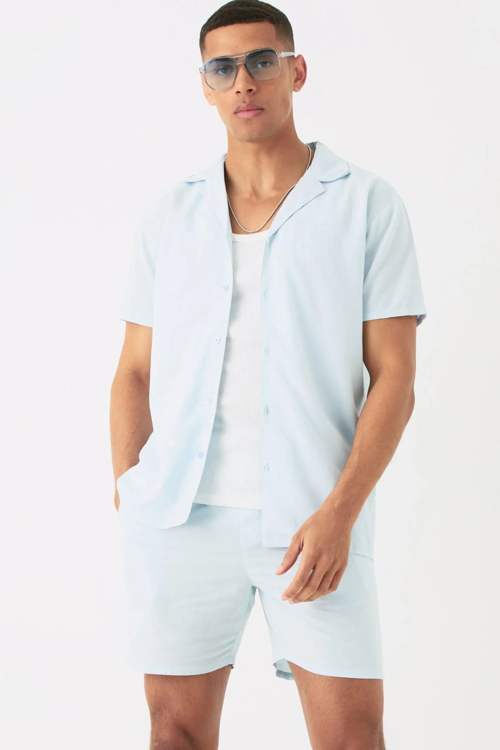 Short Sleeve Linen Shirt & Short Set | BoohooMAN UK