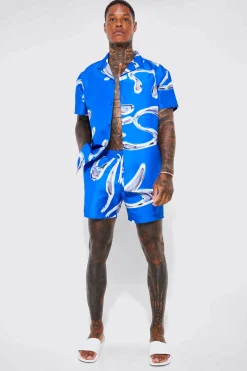 Short Sleeve Metallic Swirl Shirt And Swim Short | BoohooMAN UK