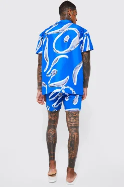 Short Sleeve Metallic Swirl Shirt And Swim Short | BoohooMAN UK