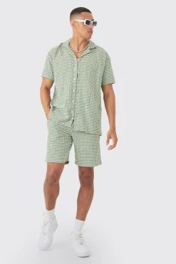 Short Sleeve Mini Houndstooth Oversized Shirt & Short Set | BoohooMAN UK