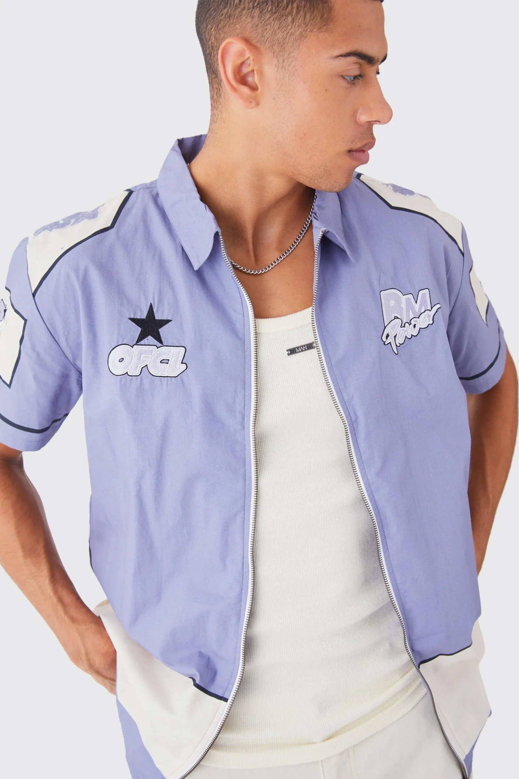 Short Sleeve Moto Poplin Panel Shirt | BoohooMAN UK