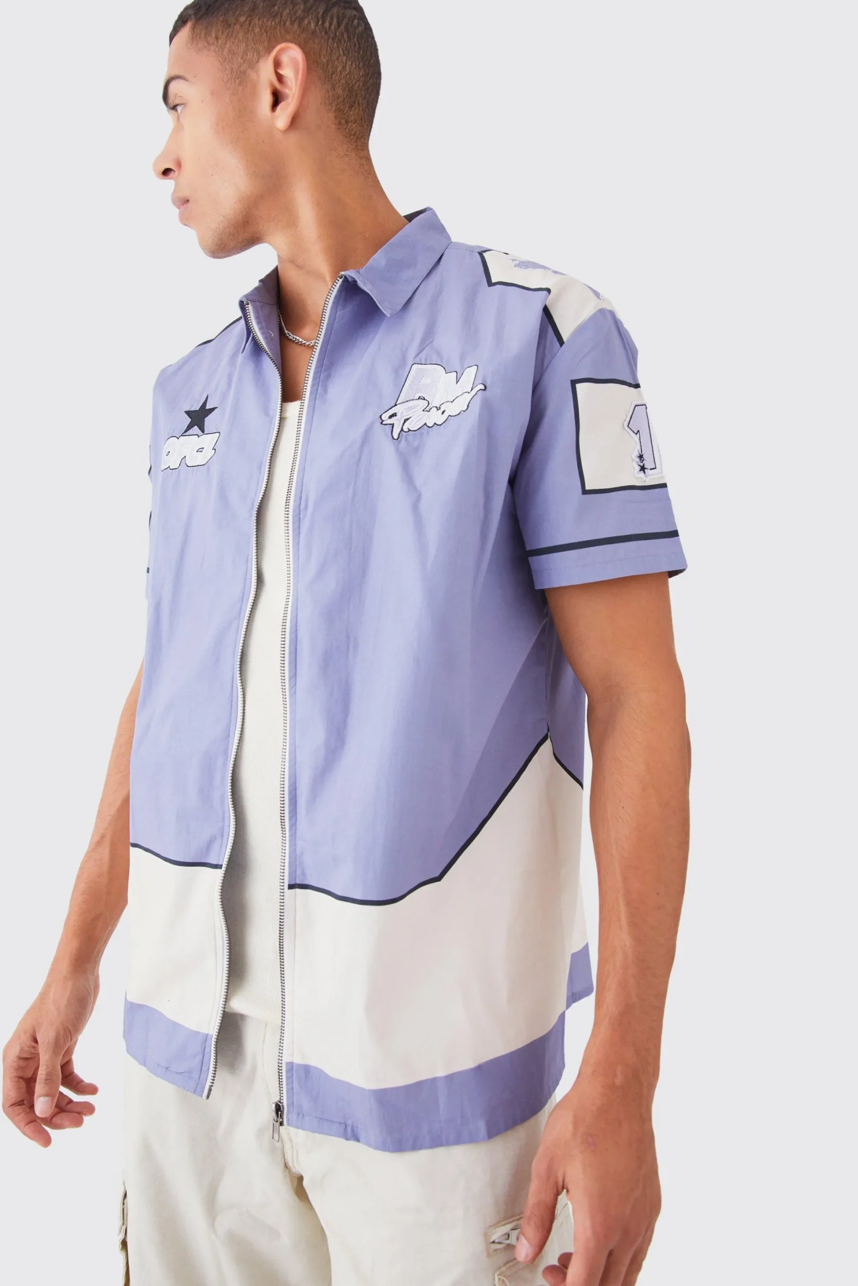 Short Sleeve Moto Poplin Panel Shirt | BoohooMAN UK