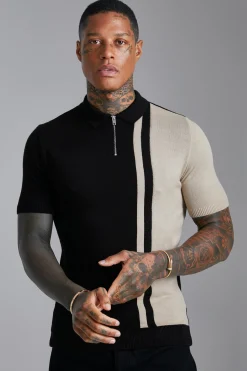 Short Sleeve Muscle Fit Colour Block Knit Polo | BoohooMAN UK