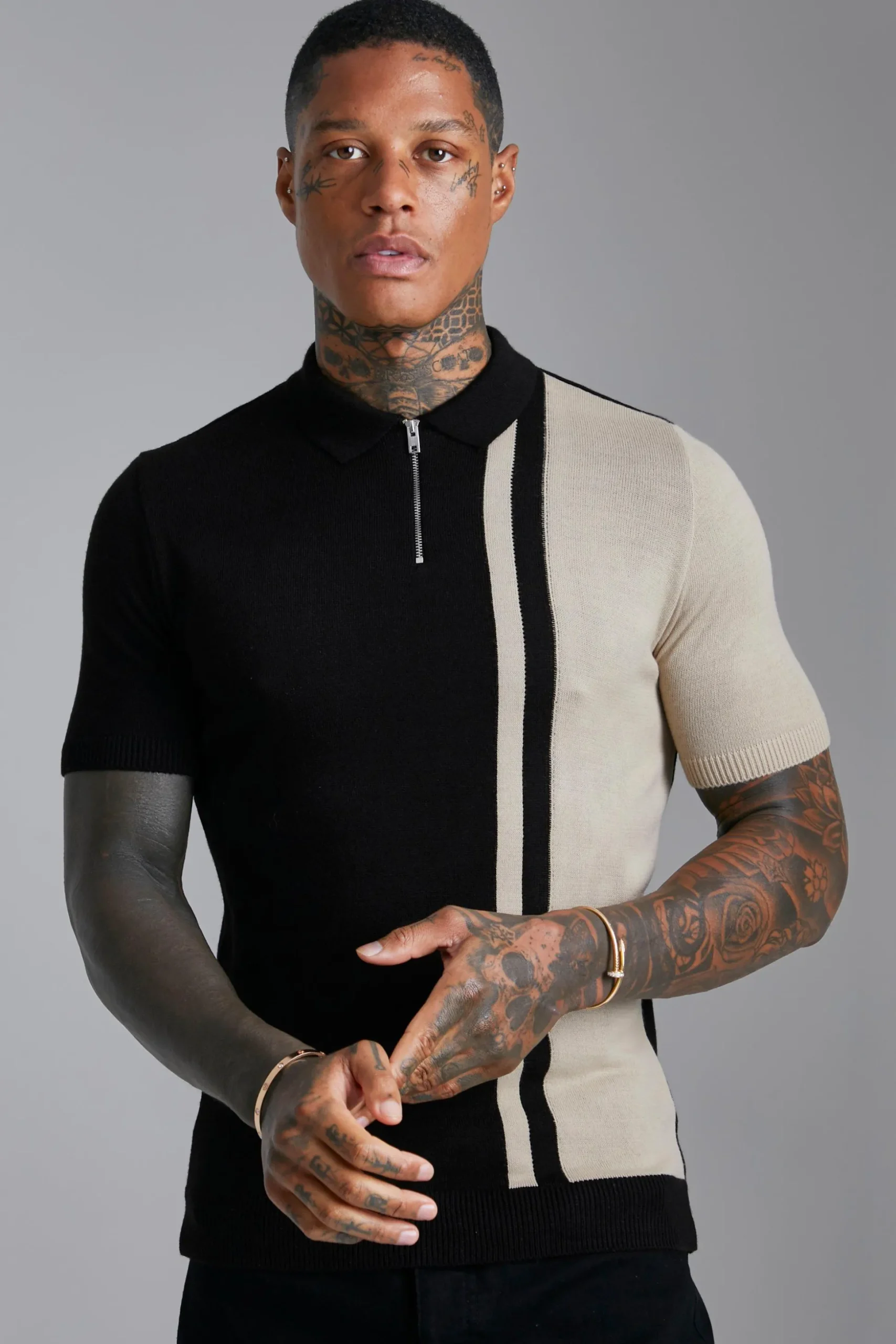 Short Sleeve Muscle Fit Colour Block Knit Polo | BoohooMAN UK
