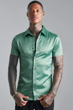 Short Sleeve Muscle Fit Satin Shirt | BoohooMAN UK