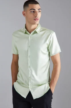 Short Sleeve Muscle Fit Stretch Satin Shirt | BoohooMAN UK