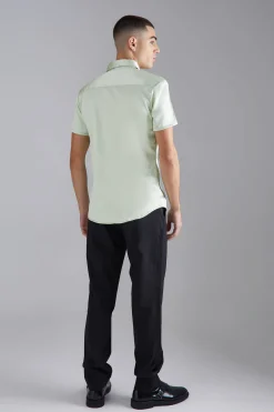 Short Sleeve Muscle Fit Stretch Satin Shirt | BoohooMAN UK