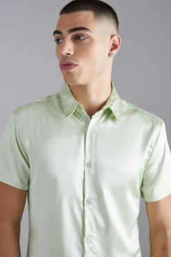 Short Sleeve Muscle Fit Stretch Satin Shirt | BoohooMAN UK