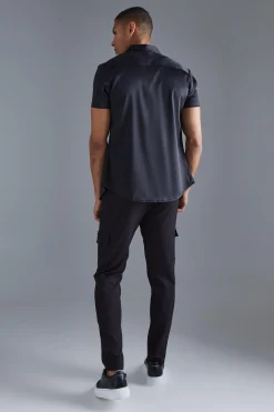 Short Sleeve Muscle Fit Stretch Satin Shirt | BoohooMAN UK