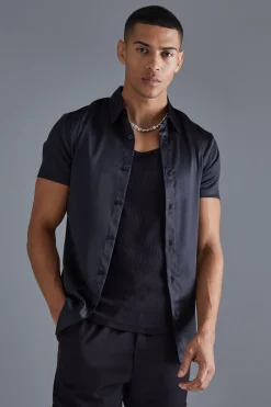 Short Sleeve Muscle Fit Stretch Satin Shirt | BoohooMAN UK