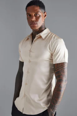 Short Sleeve Muscle Satin Shirt | BoohooMAN UK