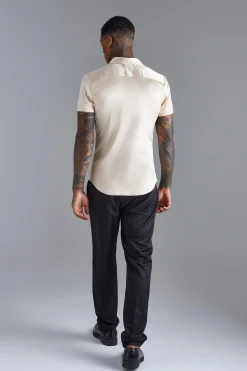 Short Sleeve Muscle Satin Shirt | BoohooMAN UK