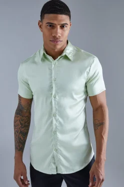 Short Sleeve Muscle Satin Shirt | BoohooMAN UK