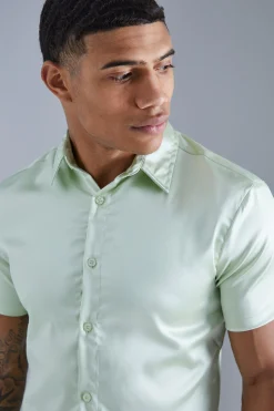 Short Sleeve Muscle Satin Shirt | BoohooMAN UK