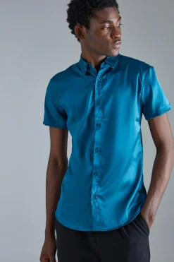 Short Sleeve Muscle Satin Shirt | BoohooMAN UK