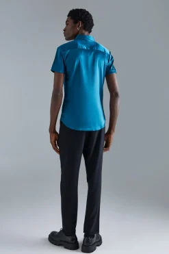 Short Sleeve Muscle Satin Shirt | BoohooMAN UK