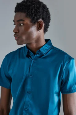 Short Sleeve Muscle Satin Shirt | BoohooMAN UK