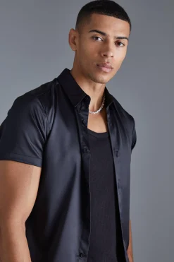 Short Sleeve Muscle Satin Shirt | BoohooMAN UK
