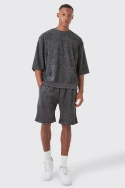 Short Sleeve Oversized Boxy Towelling Sweat Short Tracksuit | BoohooMAN UK