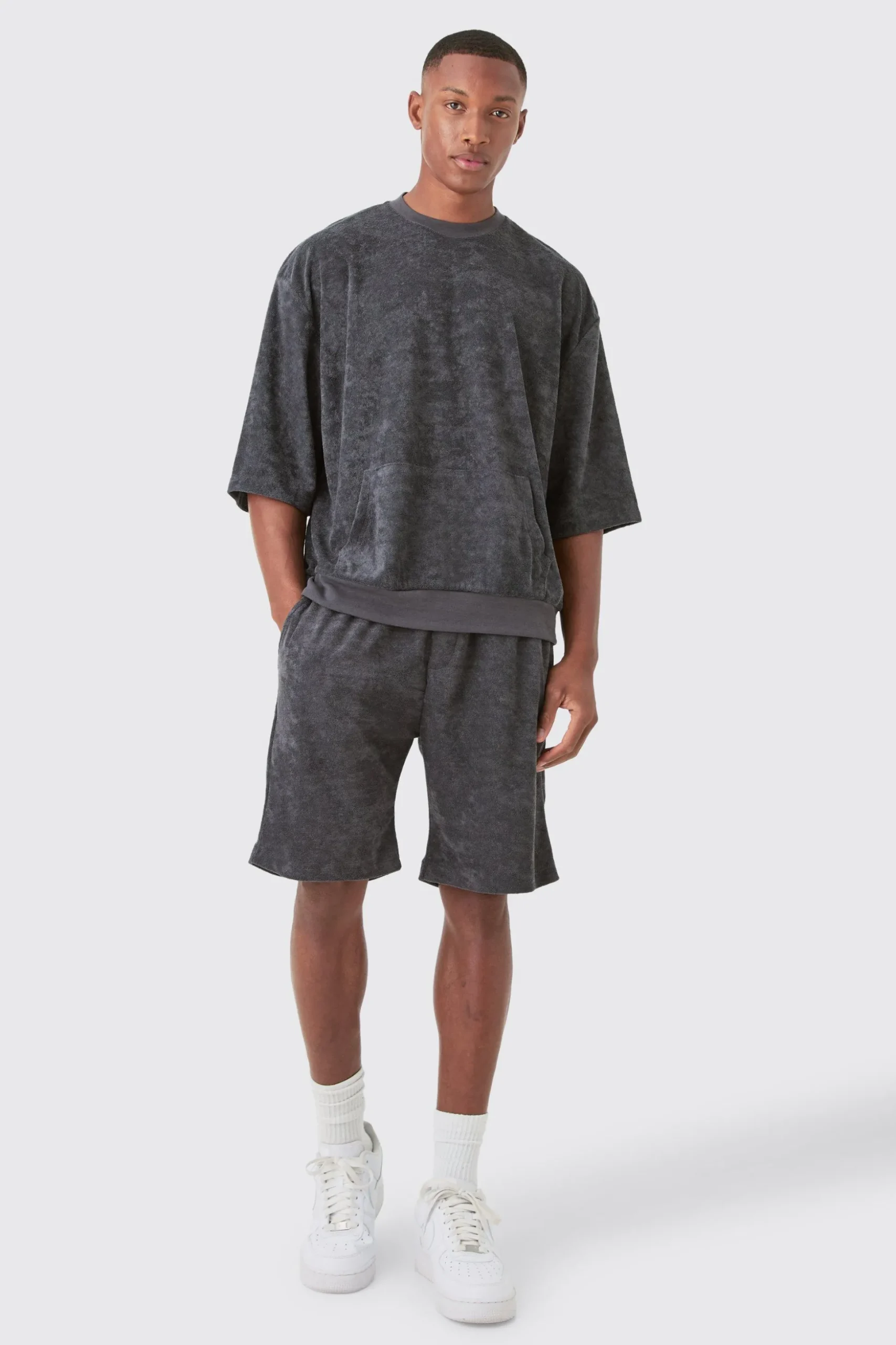 Short Sleeve Oversized Boxy Towelling Sweat Short Tracksuit | BoohooMAN UK