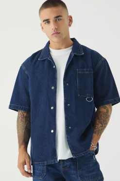 Short Sleeve Oversized Boxy Revere Denim Shirt | BoohooMAN UK