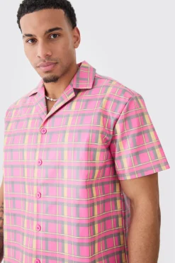 Short Sleeve Oversized Check Pu Shirt | BoohooMAN UK