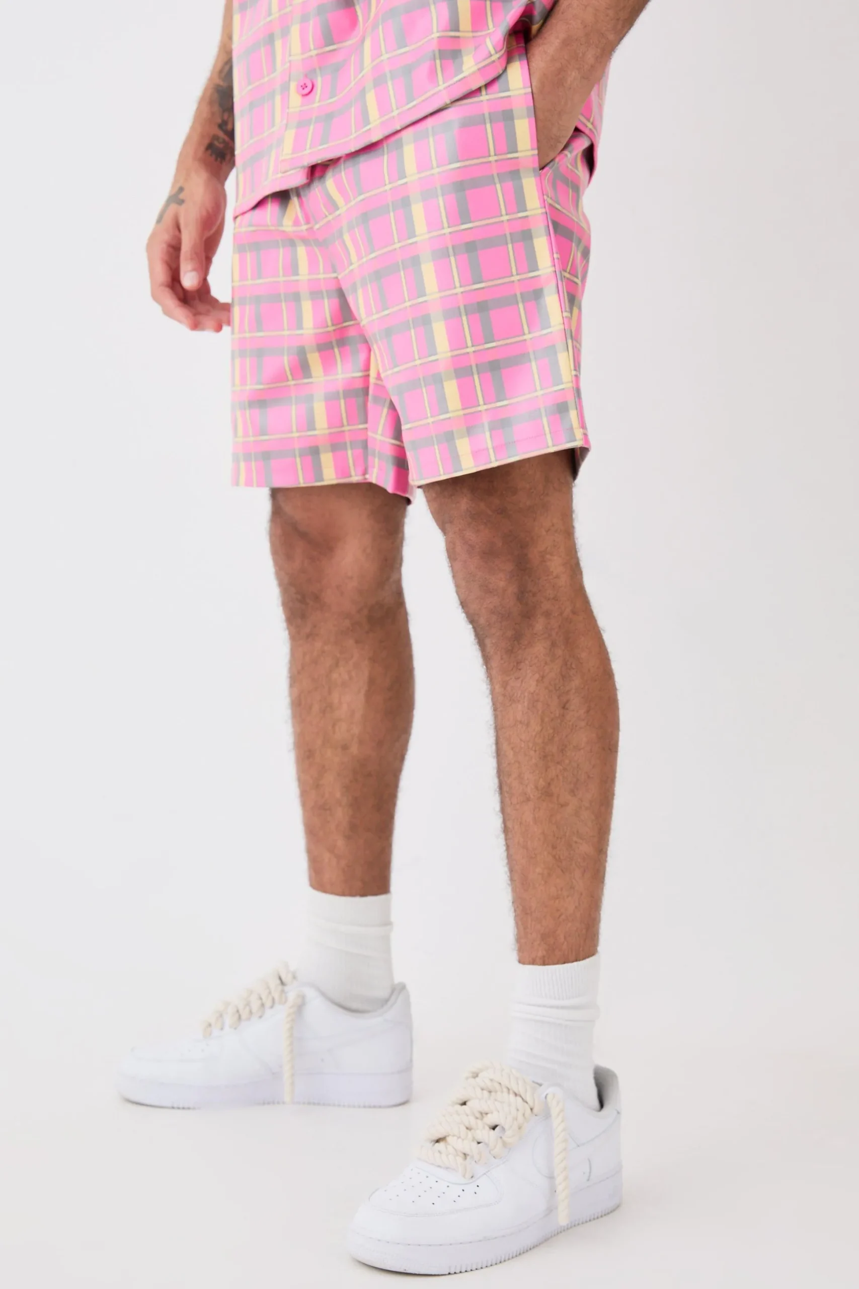 Short Sleeve Oversized Check Pu Shirt Set | BoohooMAN UK