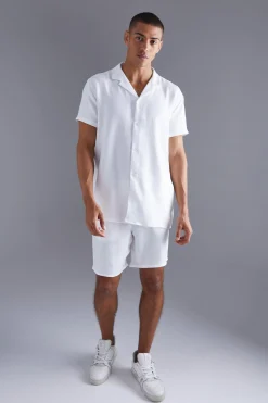 Short Sleeve Oversized Linen Revere Shirt And Short | BoohooMAN UK