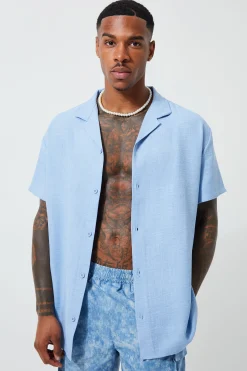 Short Sleeve Oversized Linen Revere Shirt | BoohooMAN UK
