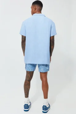 Short Sleeve Oversized Linen Revere Shirt | BoohooMAN UK