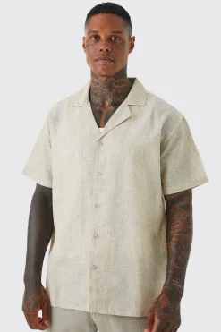 Short Sleeve Oversized Linen Look Revere Shirt | BoohooMAN UK