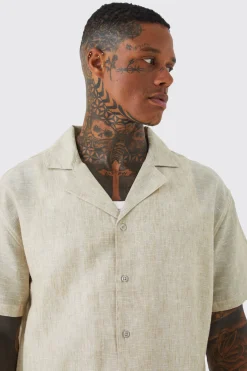 Short Sleeve Oversized Linen Look Revere Shirt | BoohooMAN UK